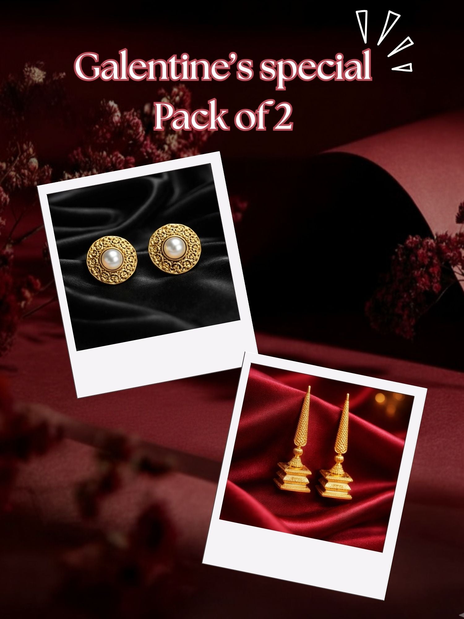 Zevar Club Valentine Special Gold Finish Pearl Stud Earrings with Long Drops | Pack of 2