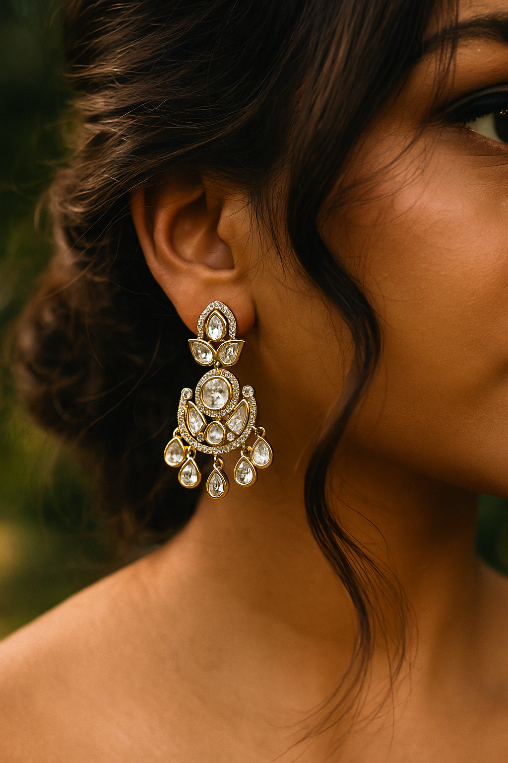 Festive Ivory Kundan Chandbaali Earrings