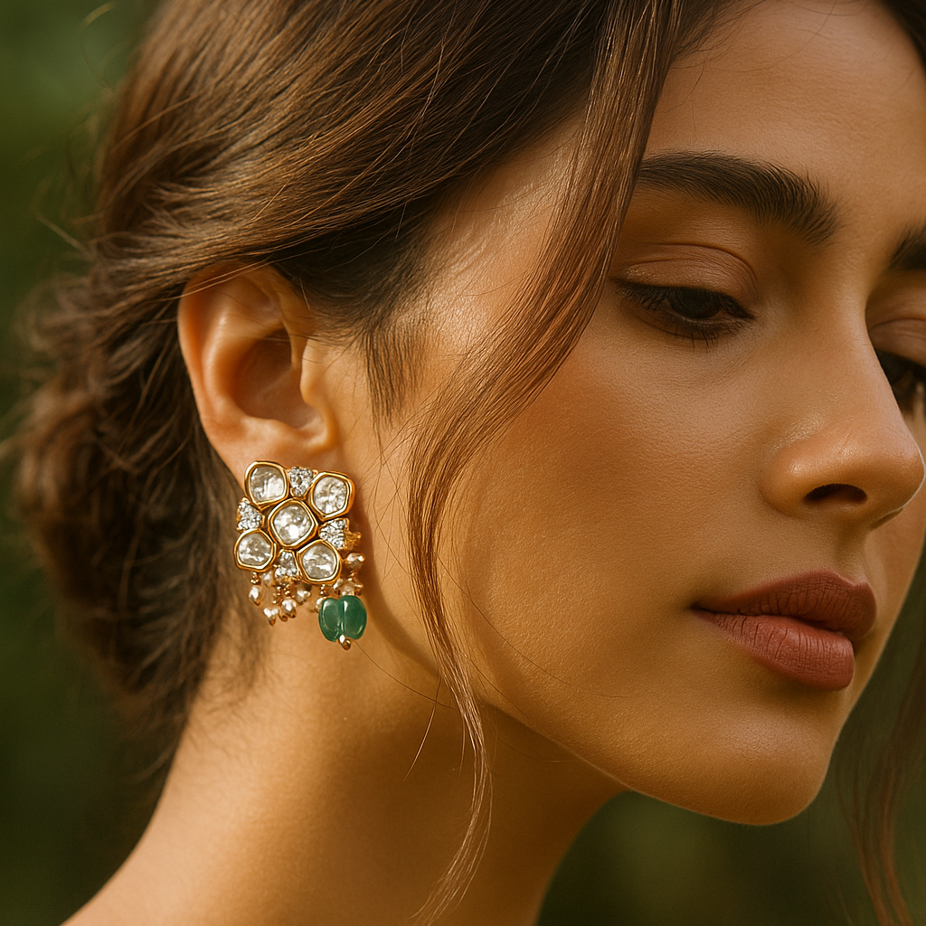 Zevar Club 12K Gold-Plated Rhombus Pastel Green Kundan Drop Earrings