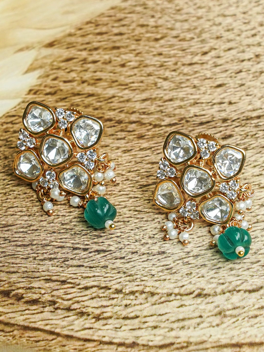 Zevar Club 12K Gold-Plated Rhombus Pastel Green Kundan Drop Earrings