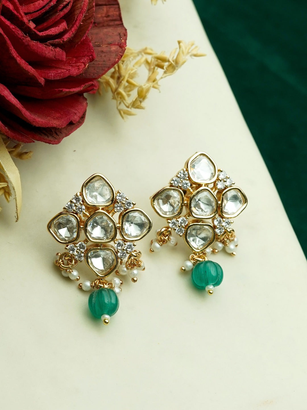 Zevar Club 12K Gold-Plated Rhombus Pastel Green Kundan Drop Earrings
