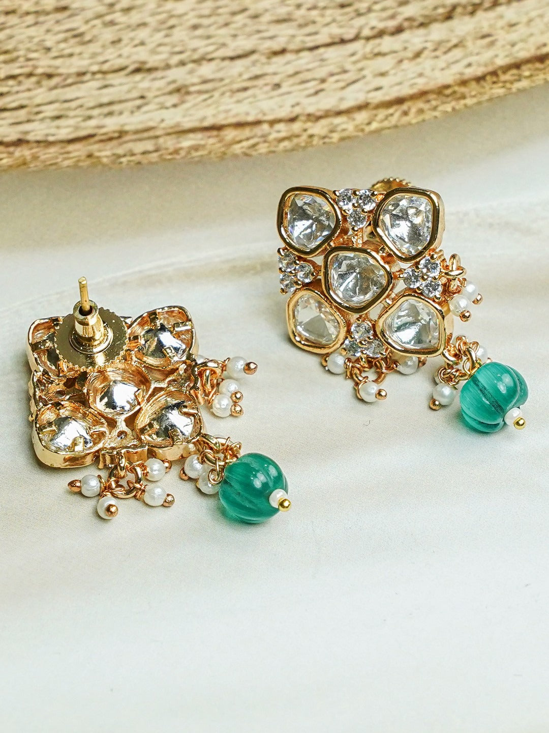 Zevar Club 12K Gold-Plated Rhombus Pastel Green Kundan Drop Earrings