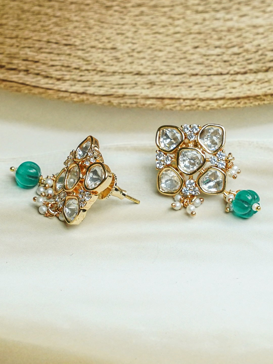 Zevar Club 12K Gold-Plated Rhombus Pastel Green Kundan Drop Earrings