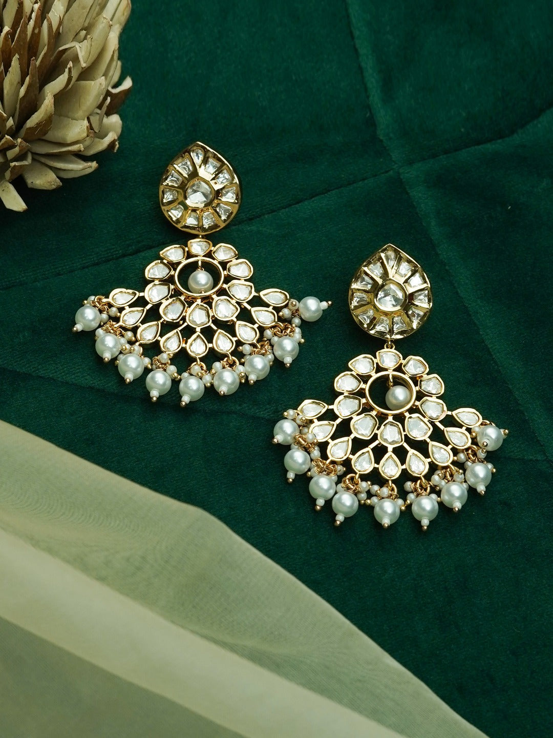 Zevar Club 12K Gold-Plated Roshini Kundan Pearl Chand Baalis