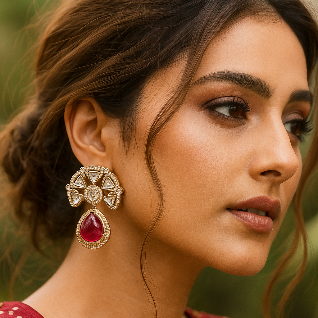 Zevar Club 12K Gold-Plated Raani Ruby Kundan Diamond Drop Earrings