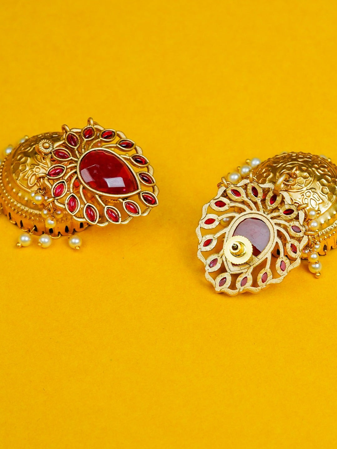Zevar Club 22K Gold-Plated Ruby Green Stone Studded Jhumka Earrings with Pearl Drops
