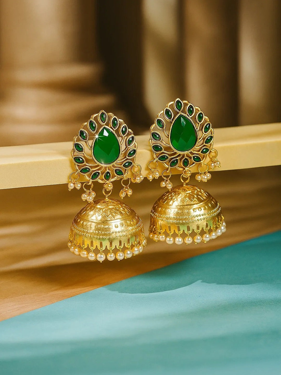 Zevar Club 22K Gold-Plated Ruby Green Stone Studded Jhumka Earrings with Pearl Drops