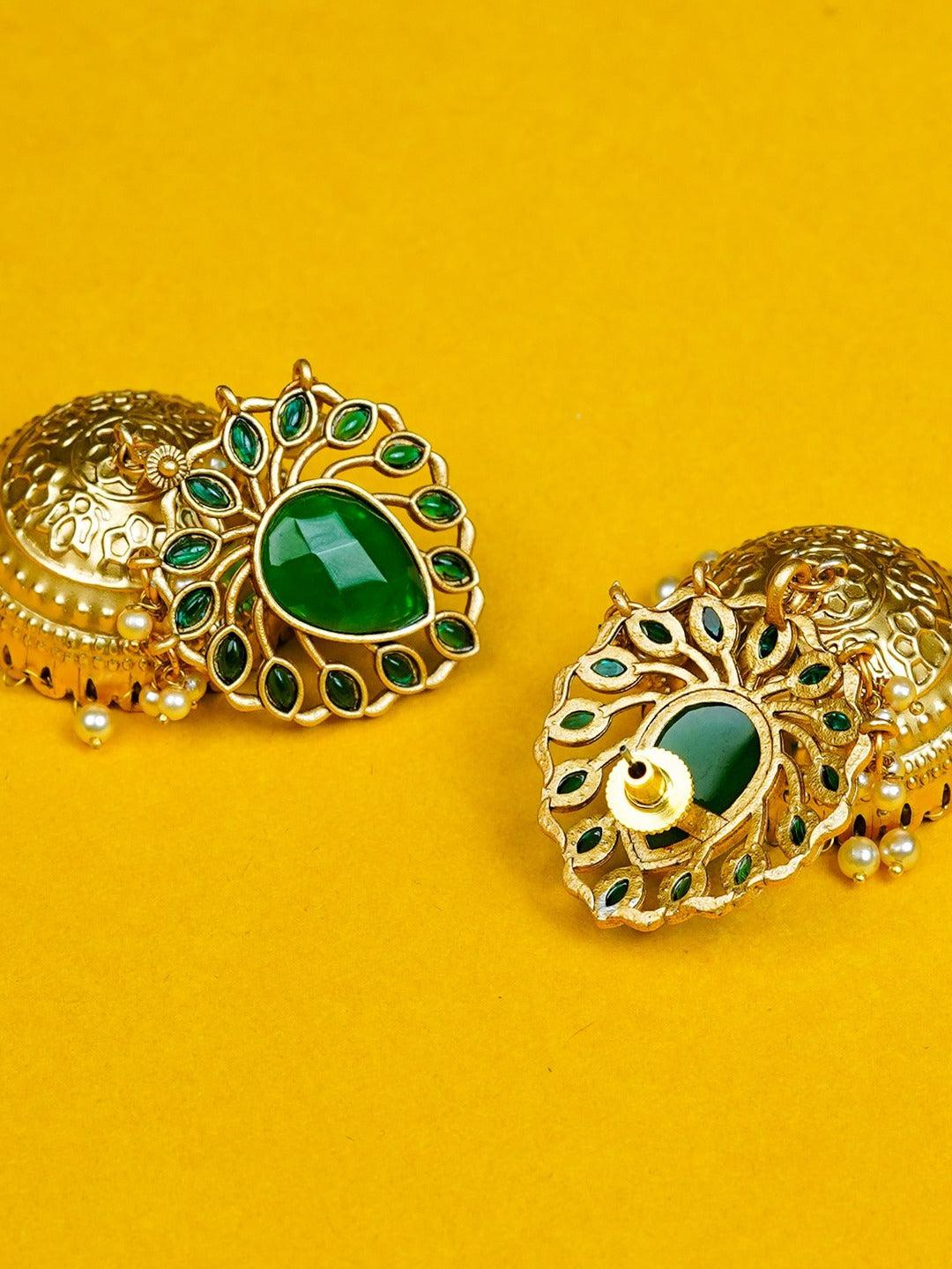 Zevar Club 22K Gold-Plated Ruby Green Stone Studded Jhumka Earrings with Pearl Drops