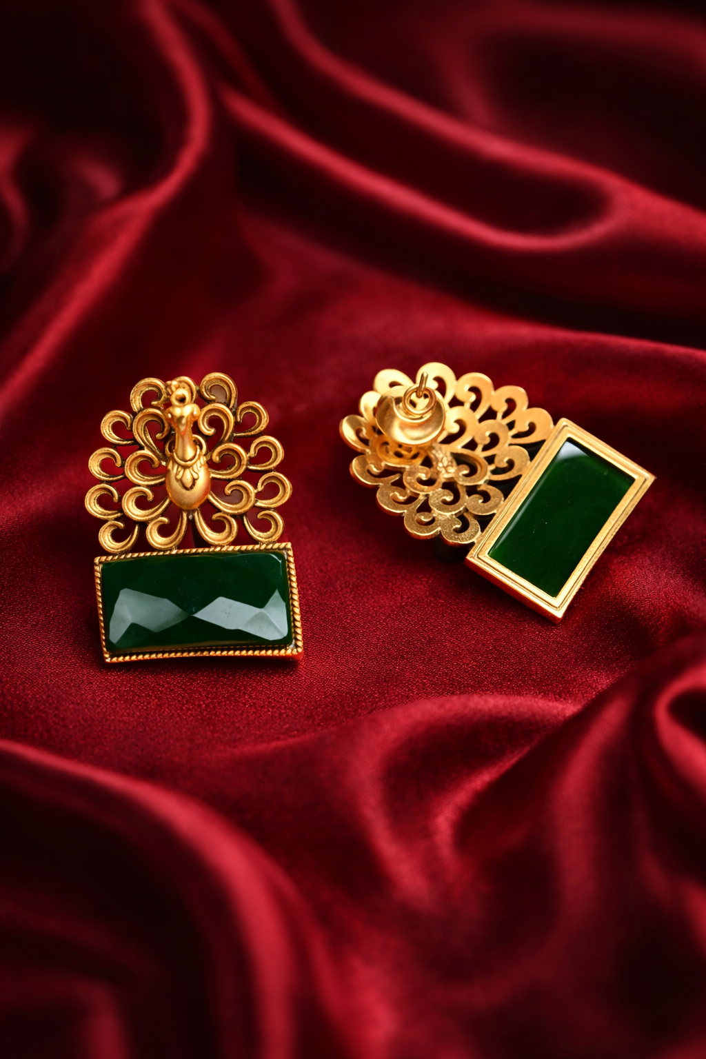 Zevar Club Brass Gold-Toned Statement Peacock Motif Earrings with Emerald Green Rectangular Stones