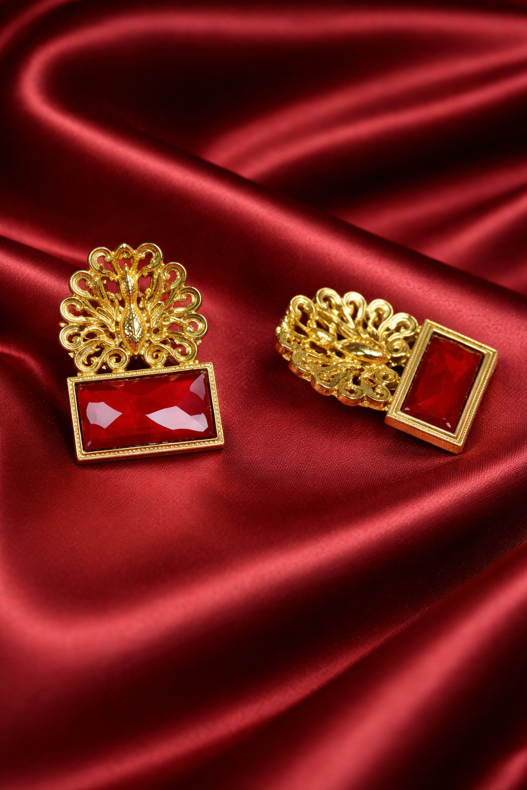 Zevar Club Brass Gold-Toned Statement Peacock Motif Earrings with Emerald Red Rectangular Stones