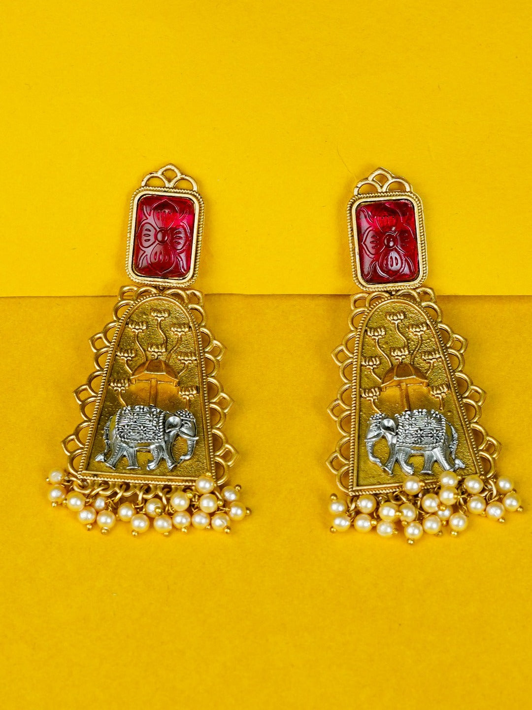 Zevar Club Oxidised Gold & Silver-Toned Elephant Motif Earring with Green Top & Pearls Drops