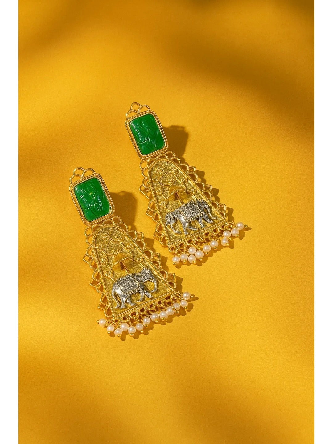 Zevar Club Oxidised Gold & Silver-Toned Elephant Motif Earring with Red Top & Pearls Drops