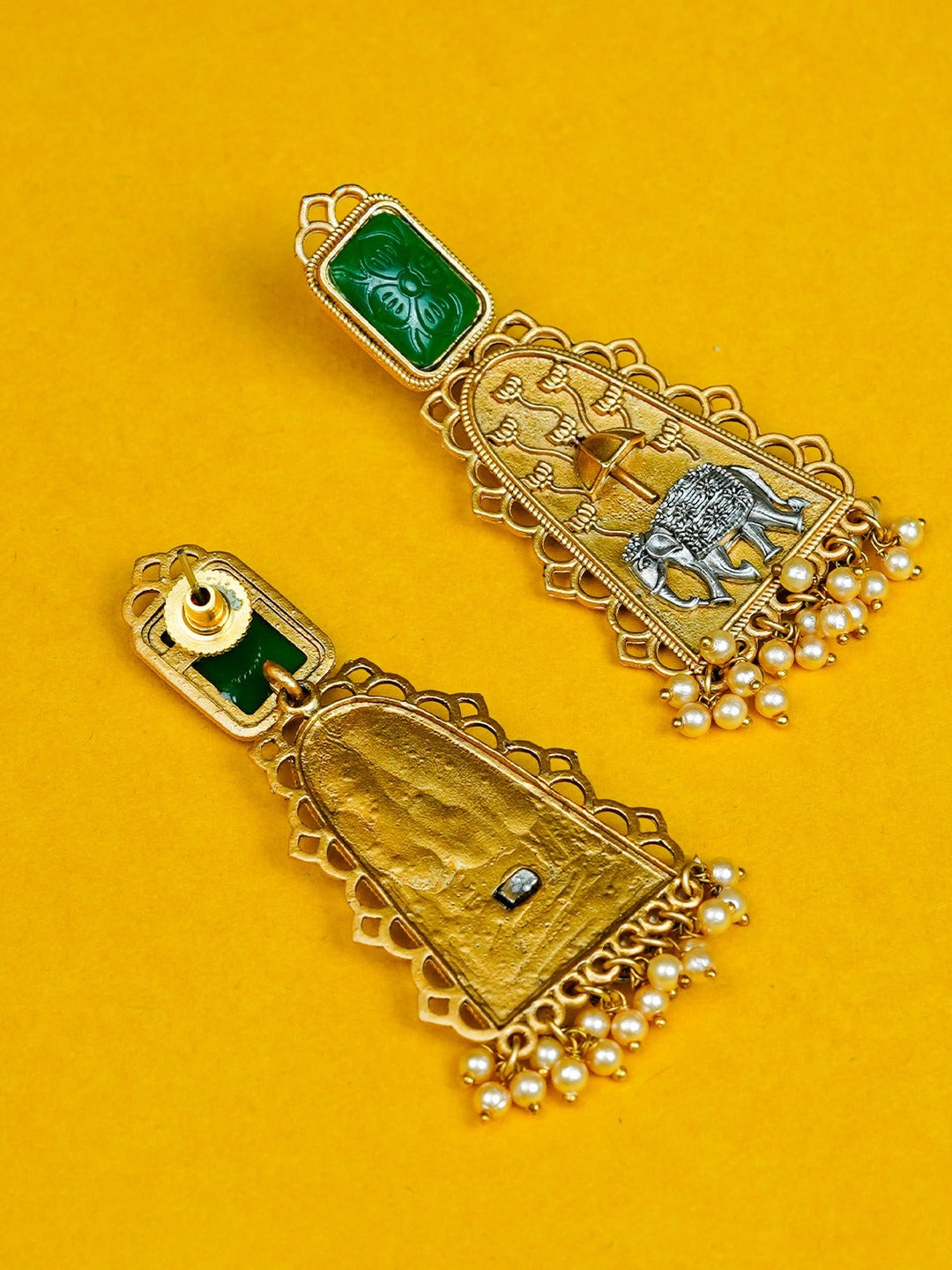 Zevar Club Oxidised Gold & Silver-Toned Elephant Motif Earring with Green Top & Pearls Drops