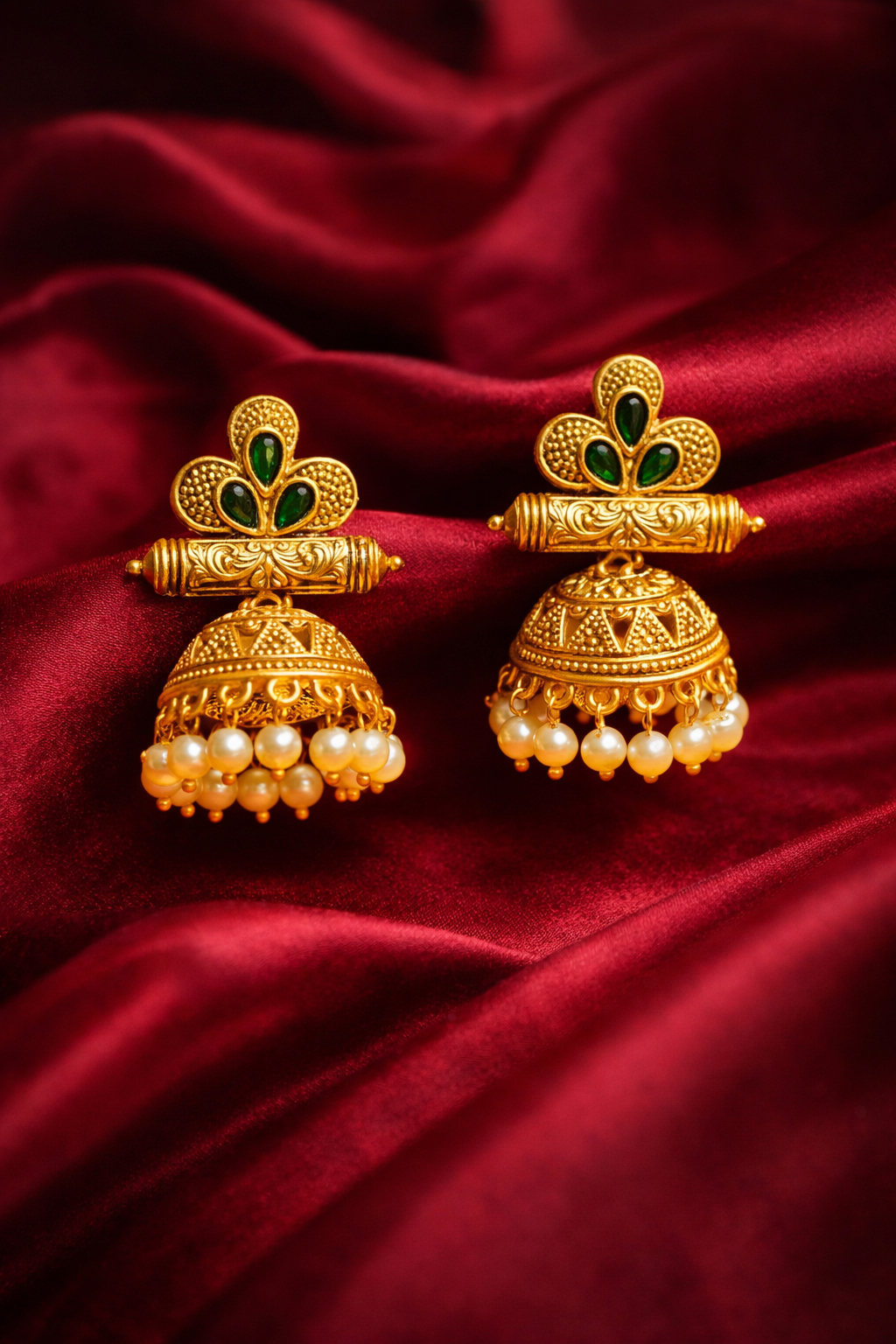 Zevar Club 18K Gold-Plated Green Stone Studded Dome Jhumka Earrings with Pearl Danglers