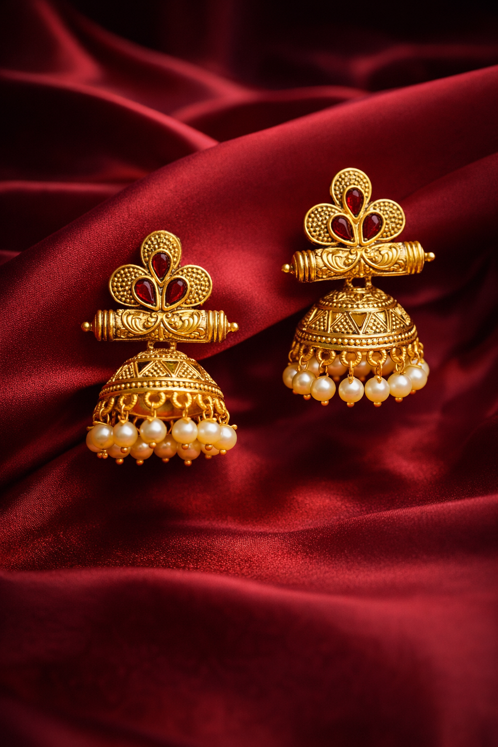 Zevar Club 18K Gold-Plated Red Stone Studded Dome Jhumka Earrings with Pearl Danglers