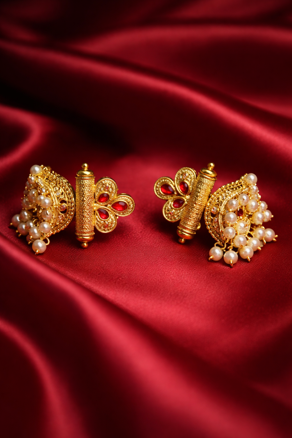 Zevar Club 18K Gold-Plated Red Stone Studded Dome Jhumka Earrings with Pearl Danglers
