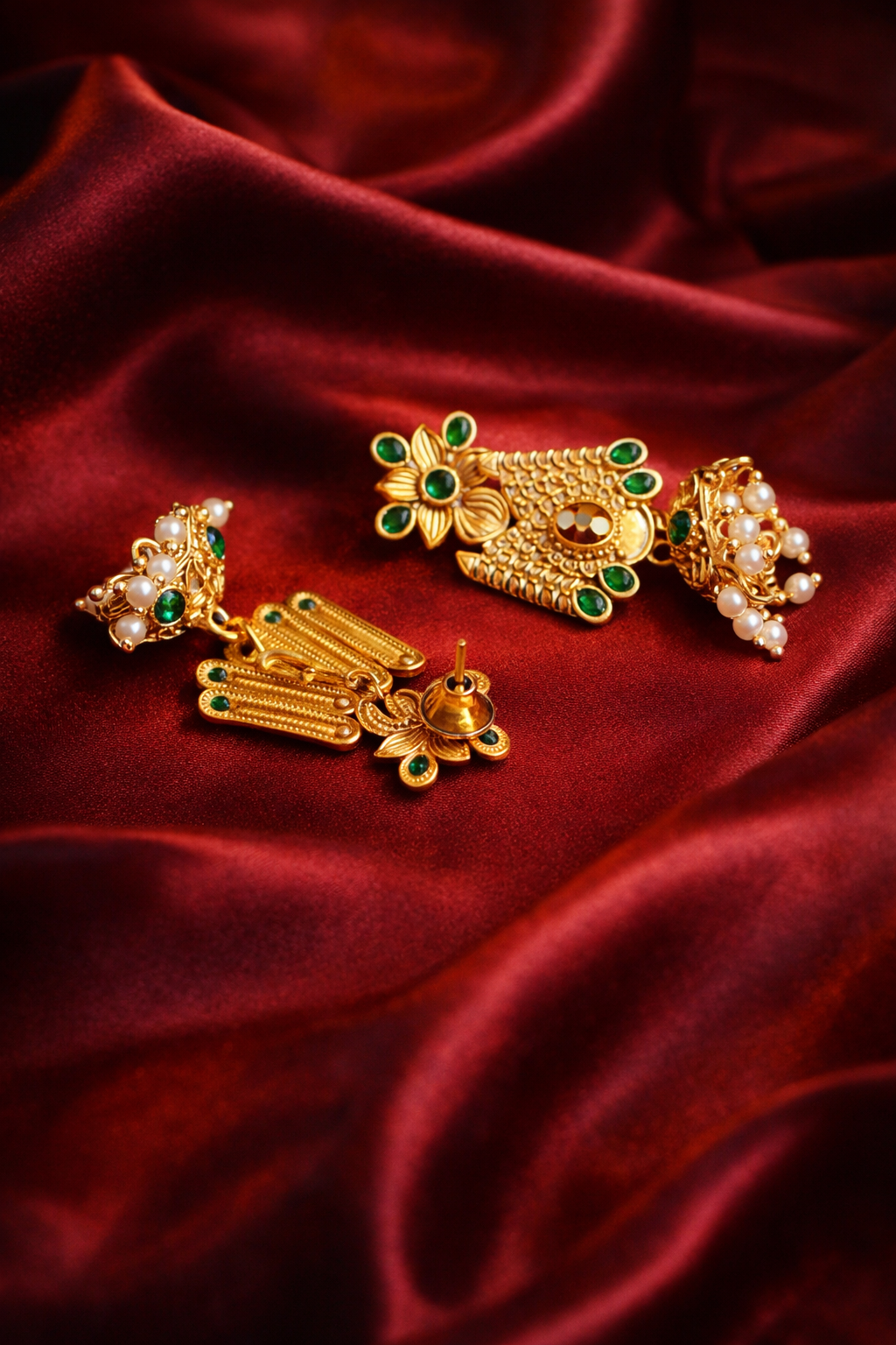 Zevar Club 18K Gold-Plated Green Kundan Stone Studded Floral Drop Earrings with Pearl Jhumka