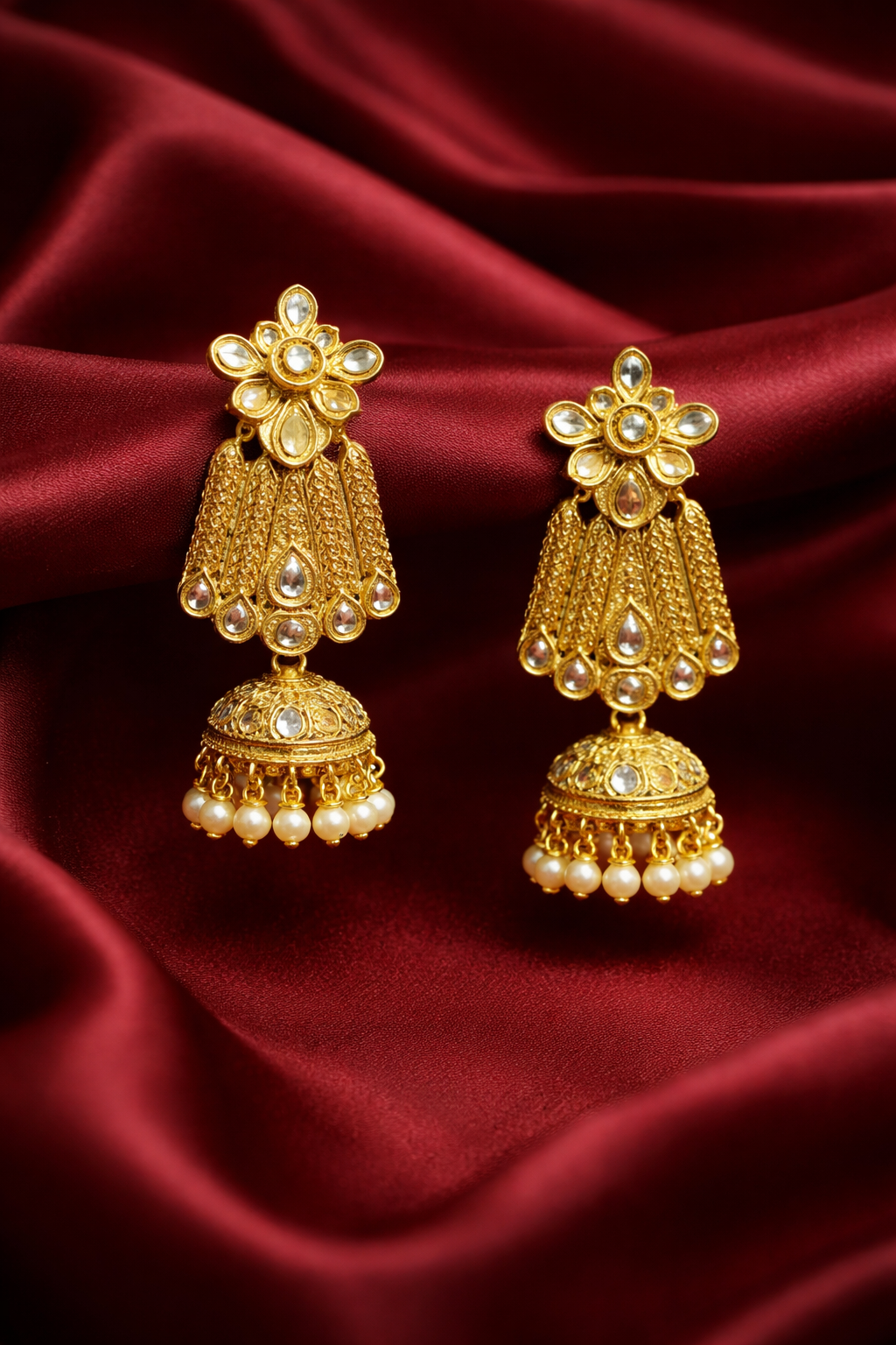 Zevar Club 18K Gold-Plated White Kundan Stone Studded Floral Drop Earrings with Pearl Jhumka