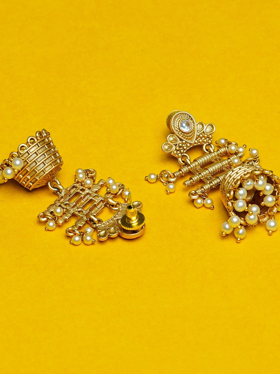 Zevar Club 18K Gold-Plated Red Kundan Studded Layered Traditional Jhumka Earrings with Pearls