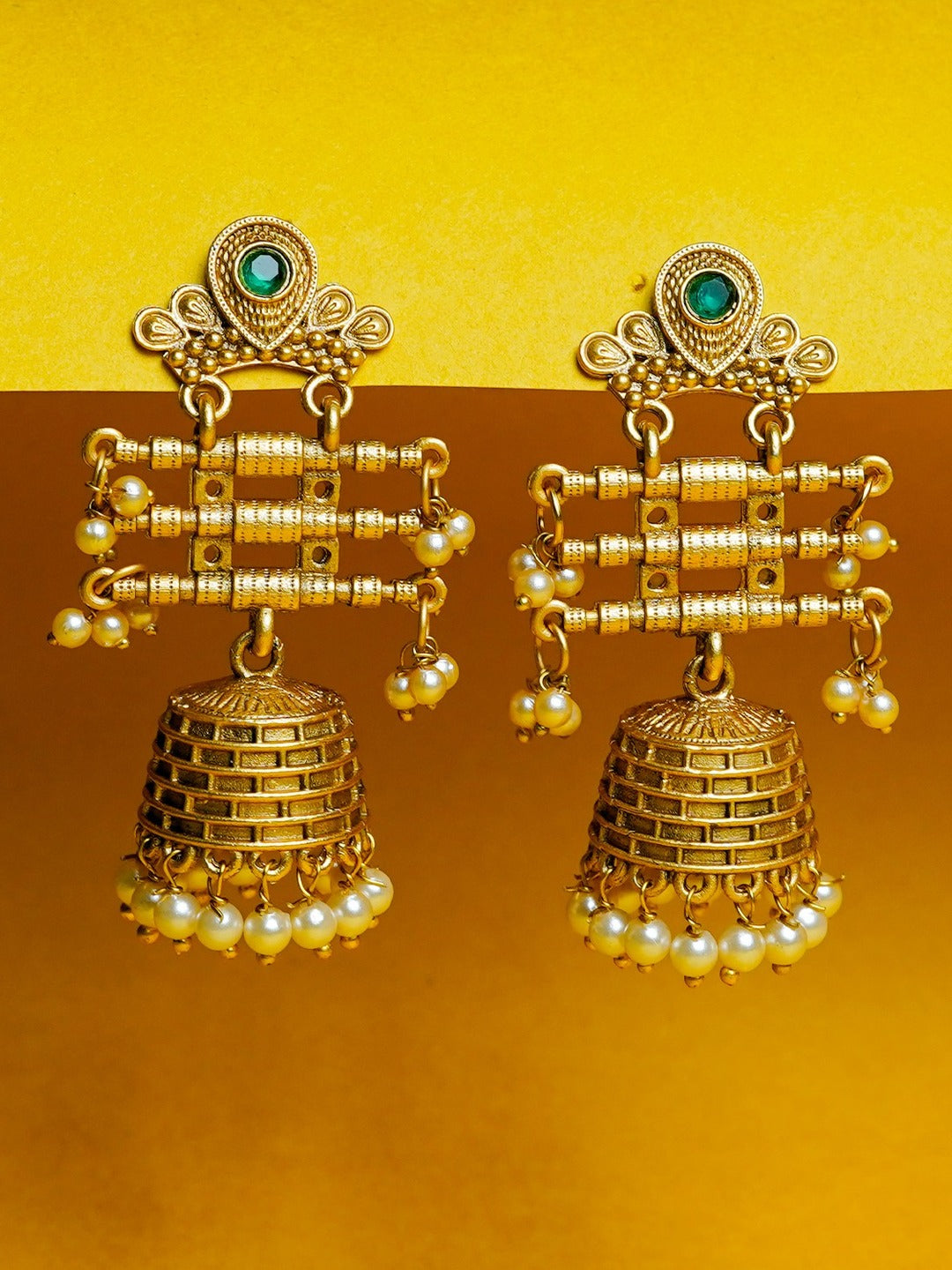 Zevar Club 18K Gold-Plated Green Kundan Studded Layered Traditional Jhumka Earrings with Pearls