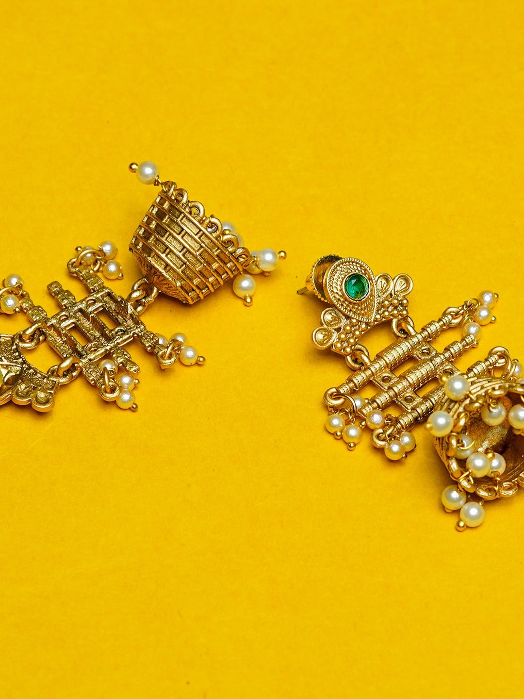 Zevar Club 18K Gold-Plated Red Kundan Studded Layered Traditional Jhumka Earrings with Pearls