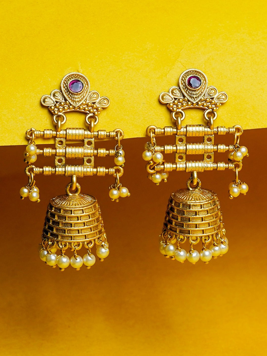 Zevar Club 18K Gold-Plated Red Kundan Studded Layered Traditional Jhumka Earrings with Pearls