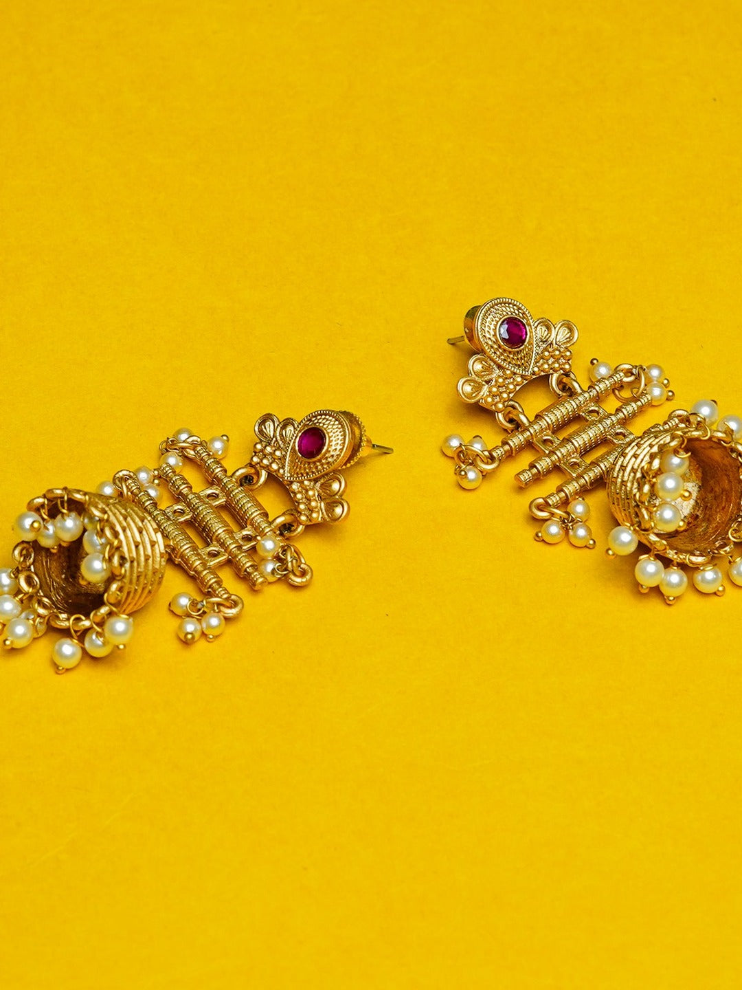 Zevar Club 18K Gold-Plated Green Kundan Studded Layered Traditional Jhumka Earrings with Pearls