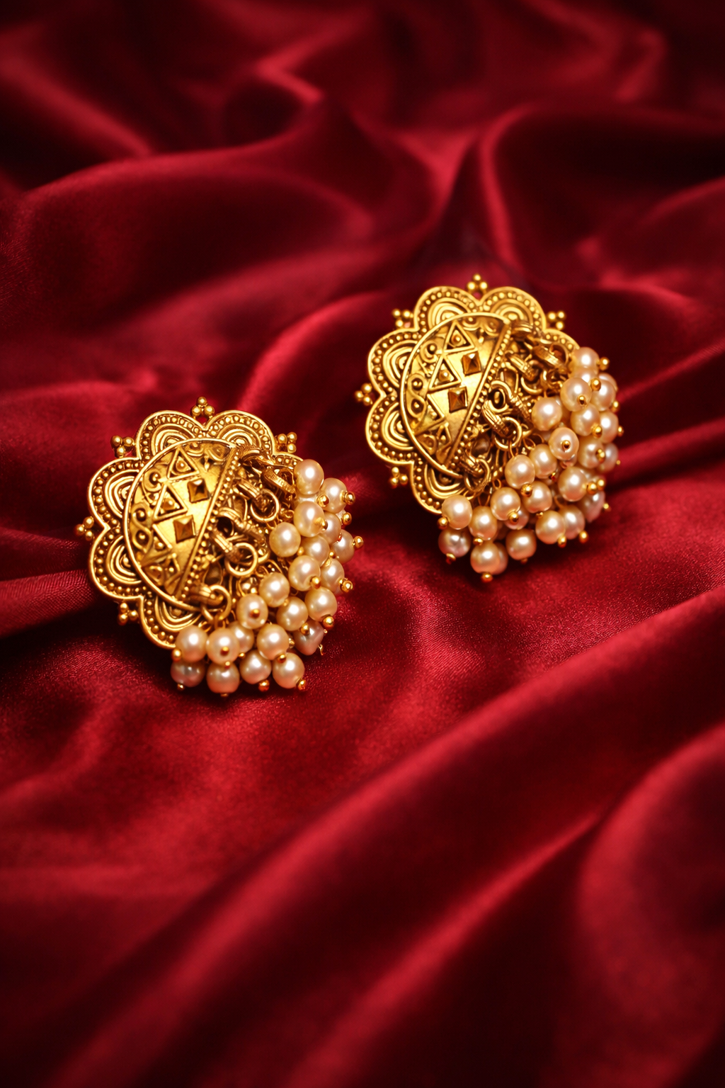 Zevar Club Antique Gold-Toned Statement Stud Earrings with Pearl Cluster Drops & Carved Motif