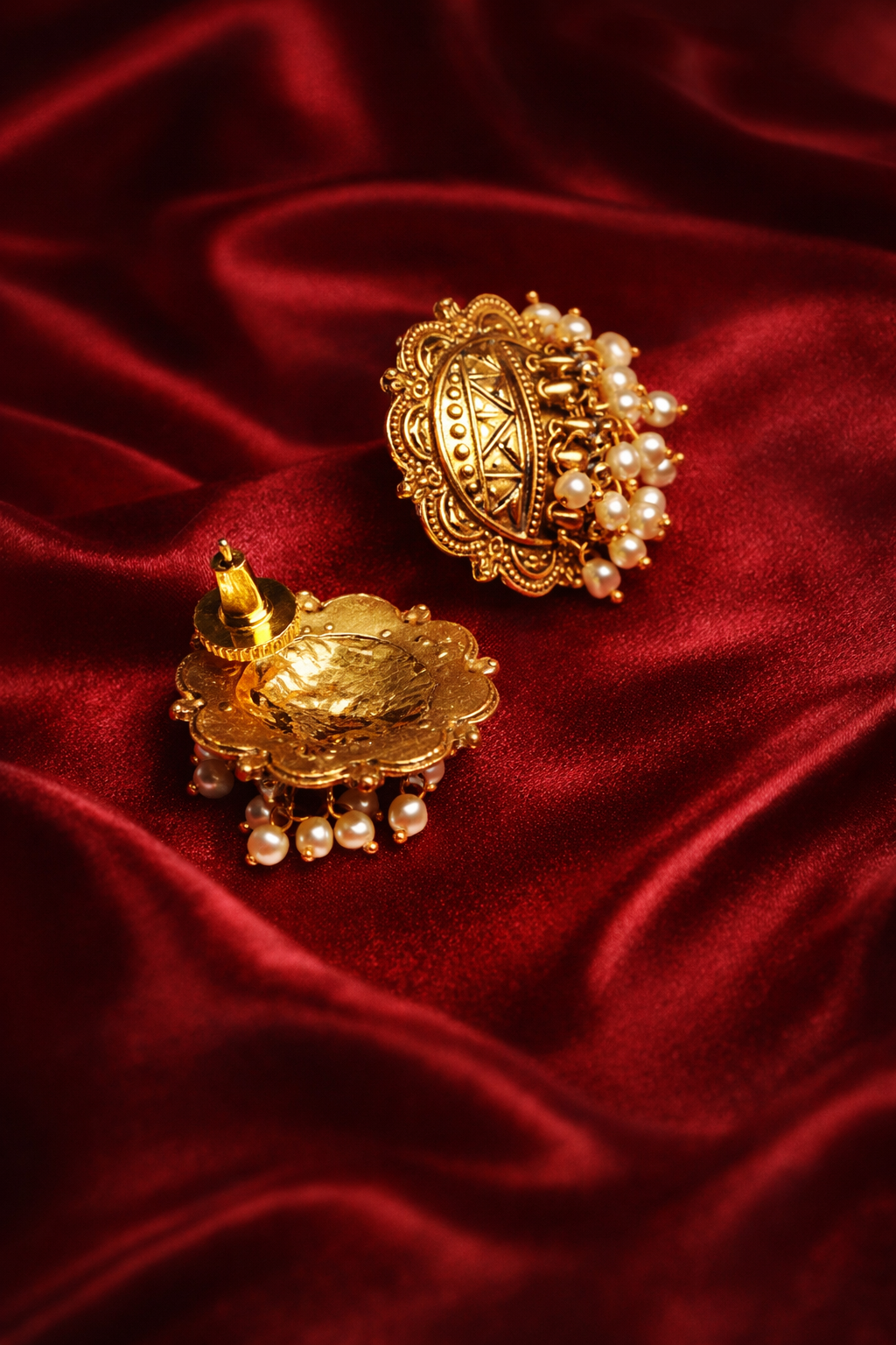 Zevar Club Antique Gold-Toned Statement Stud Earrings with Pearl Cluster Drops & Carved Motif