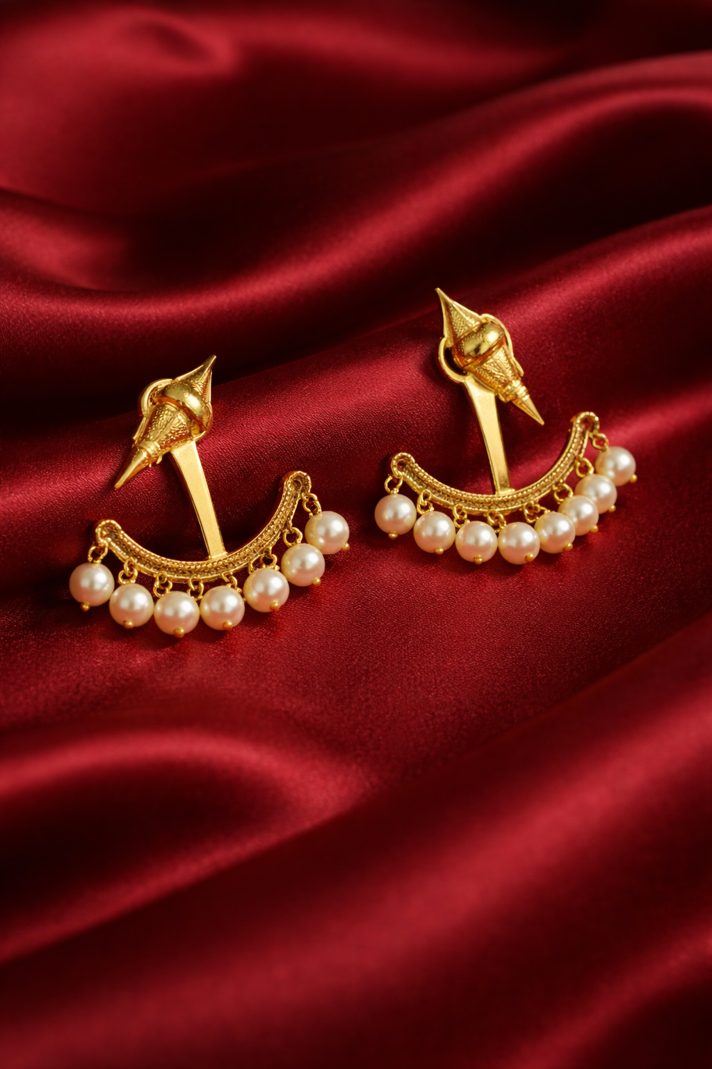 Zevar Club 18K Gold-Plated Statement Stud Earrings with Pointed Top & Cream Pear Pearl Crescent Drop