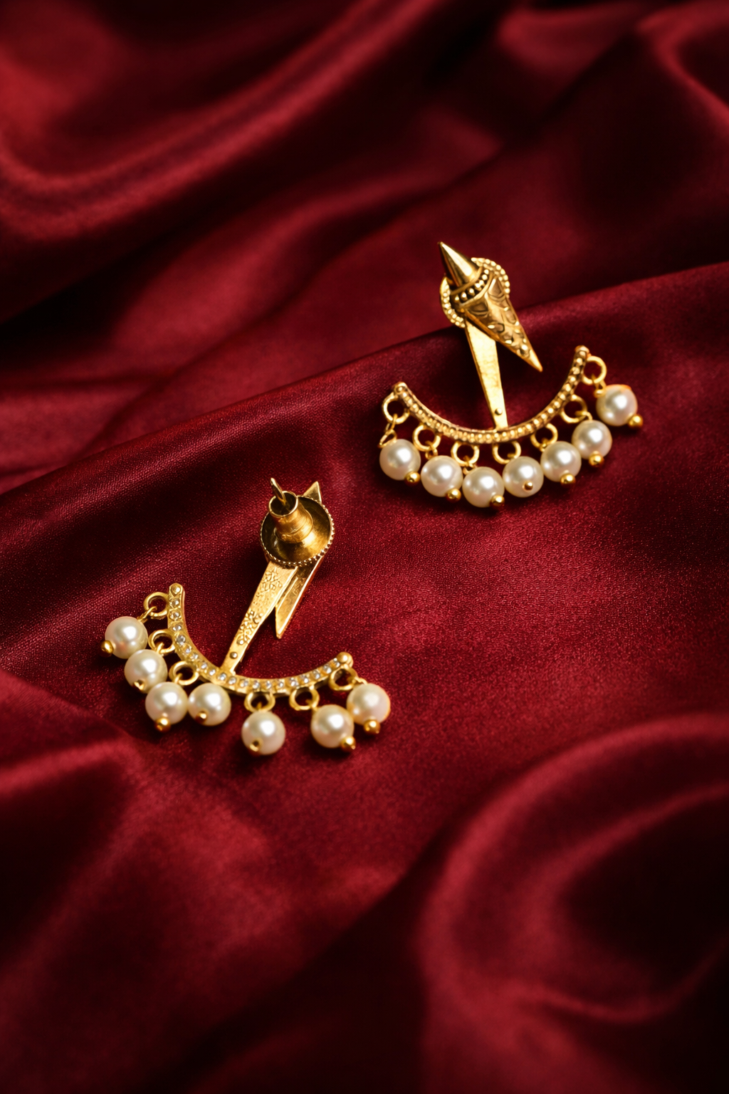 Zevar Club 18K Gold-Plated Statement Stud Earrings with Pointed Top & Cream Pear Pearl Crescent Drop