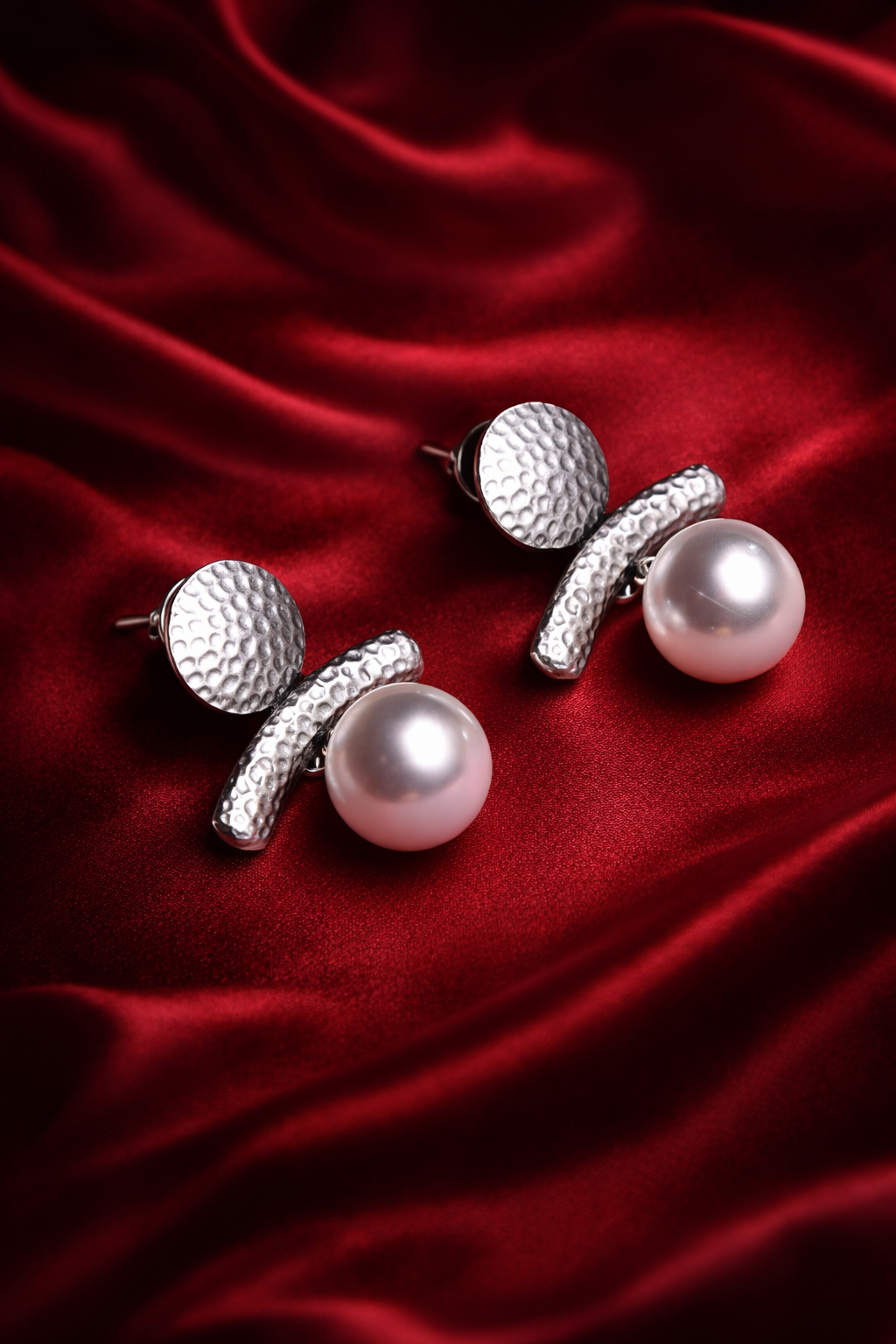 Zevar Club Silver-Toned Antique Statement Drop Earrings with Textured Bar & White Pearl Danglers