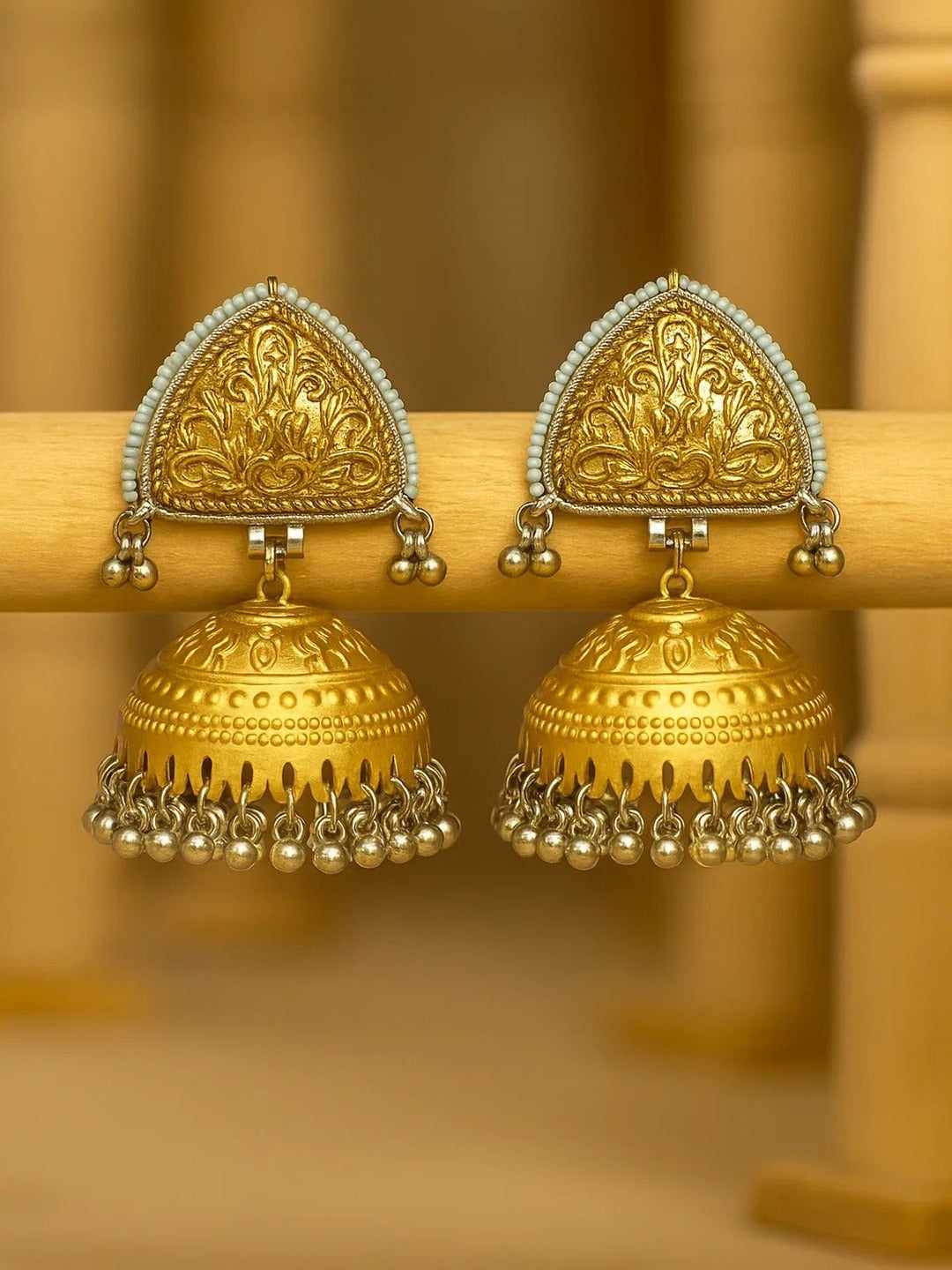 Zevar Club Oxidised Dual-Toned Gold & Silver Triangle Jhumka Earrings with Silver Ghungroo Beads