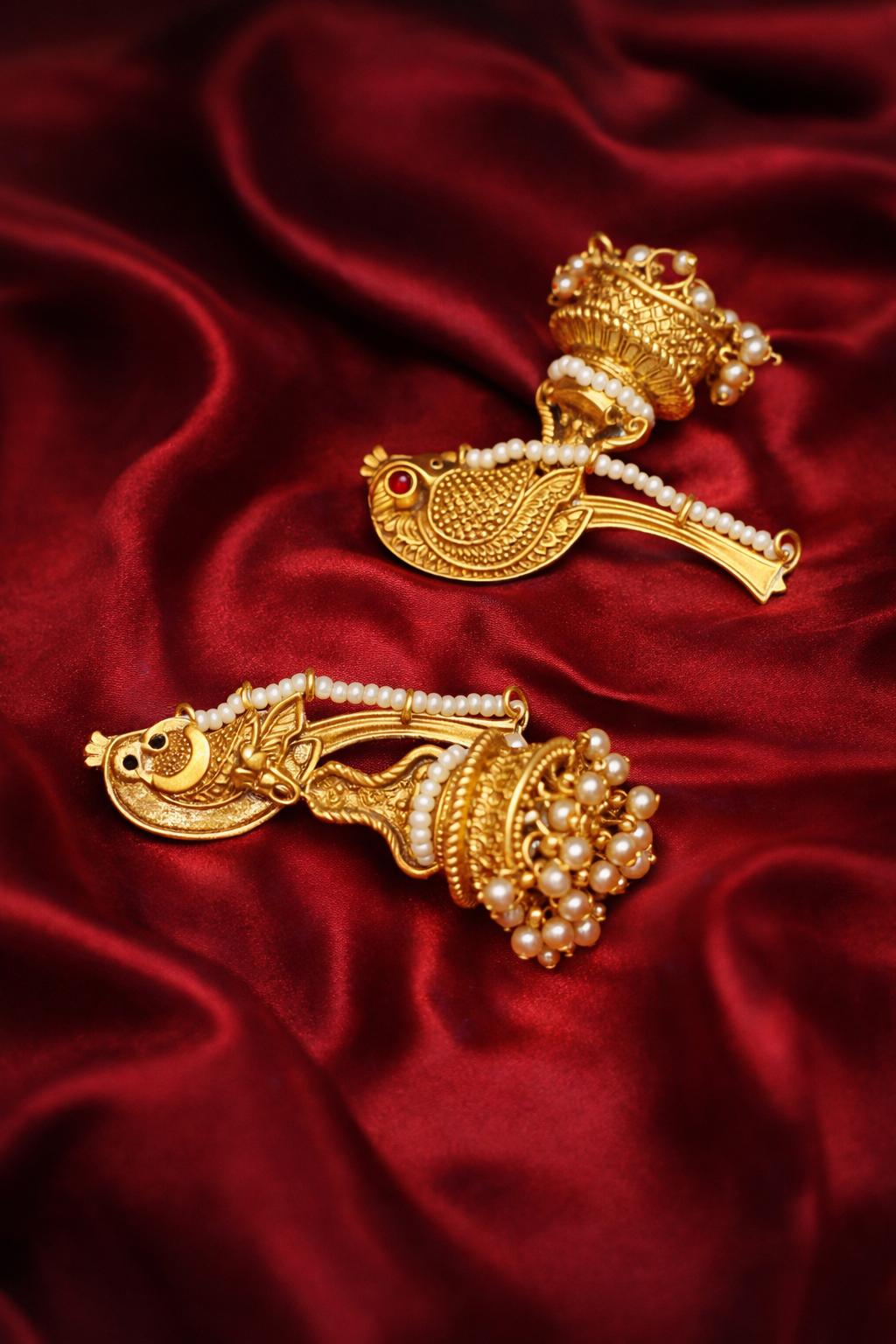 Zevar Club 18K Gold-Plated Bird Motif Ethnic Jhumka Earrings with White Pearl Beads & Dome Drop