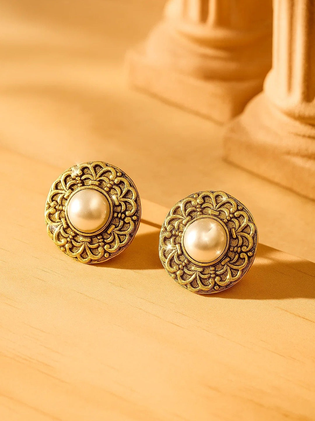 Zevar Club Gold-Toned Antique Statement Stud Earrings with White Pearl Centre & Carved Design