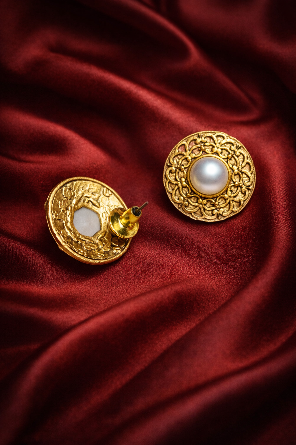 Zevar Club Gold-Toned Antique Statement Stud Earrings with White Pearl Centre & Carved Design