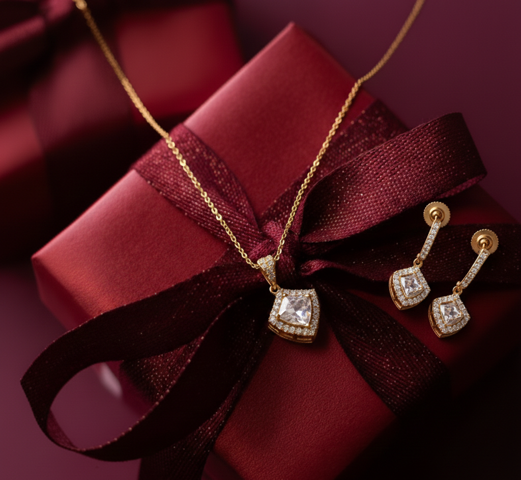 Zevar Club Women 22K Gold-Plated Cubic Zirconia Studded Angular Statement Pendant Necklace Set