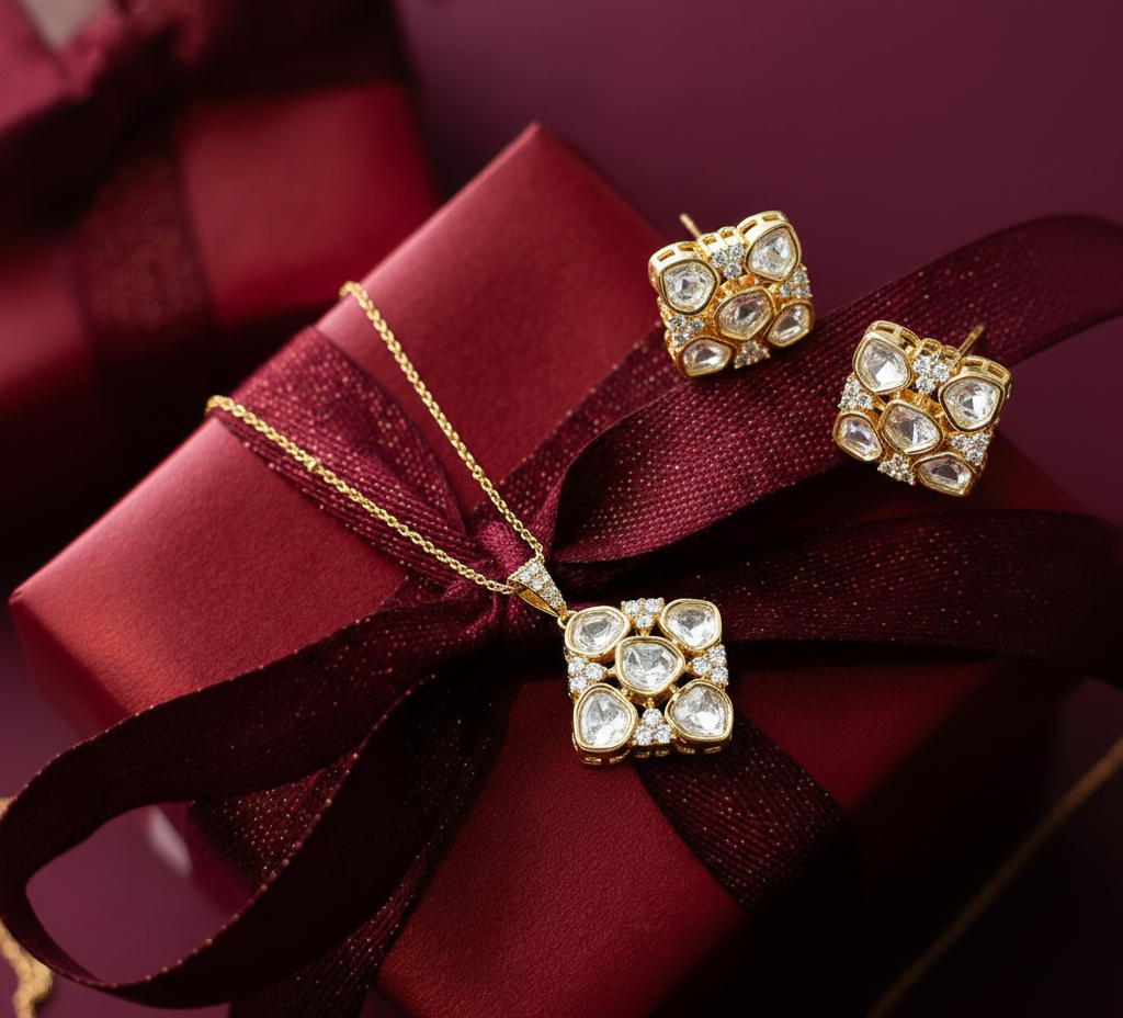 Zevar Club 22K Gold-Plated Floral Motif Kundan Pendant Necklace Set for Women