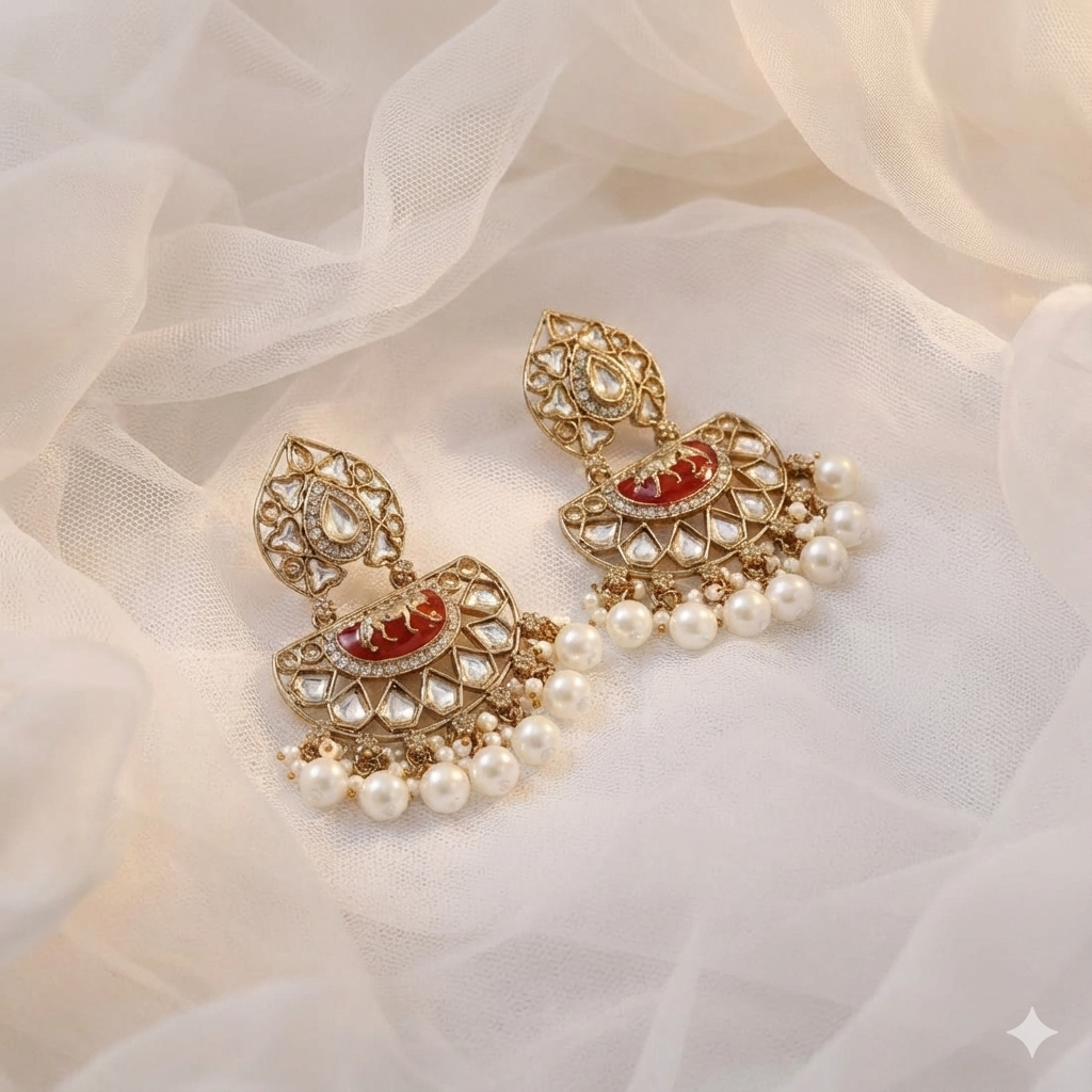 Bridal Statement Kundan Pearl Chandbali Earrings