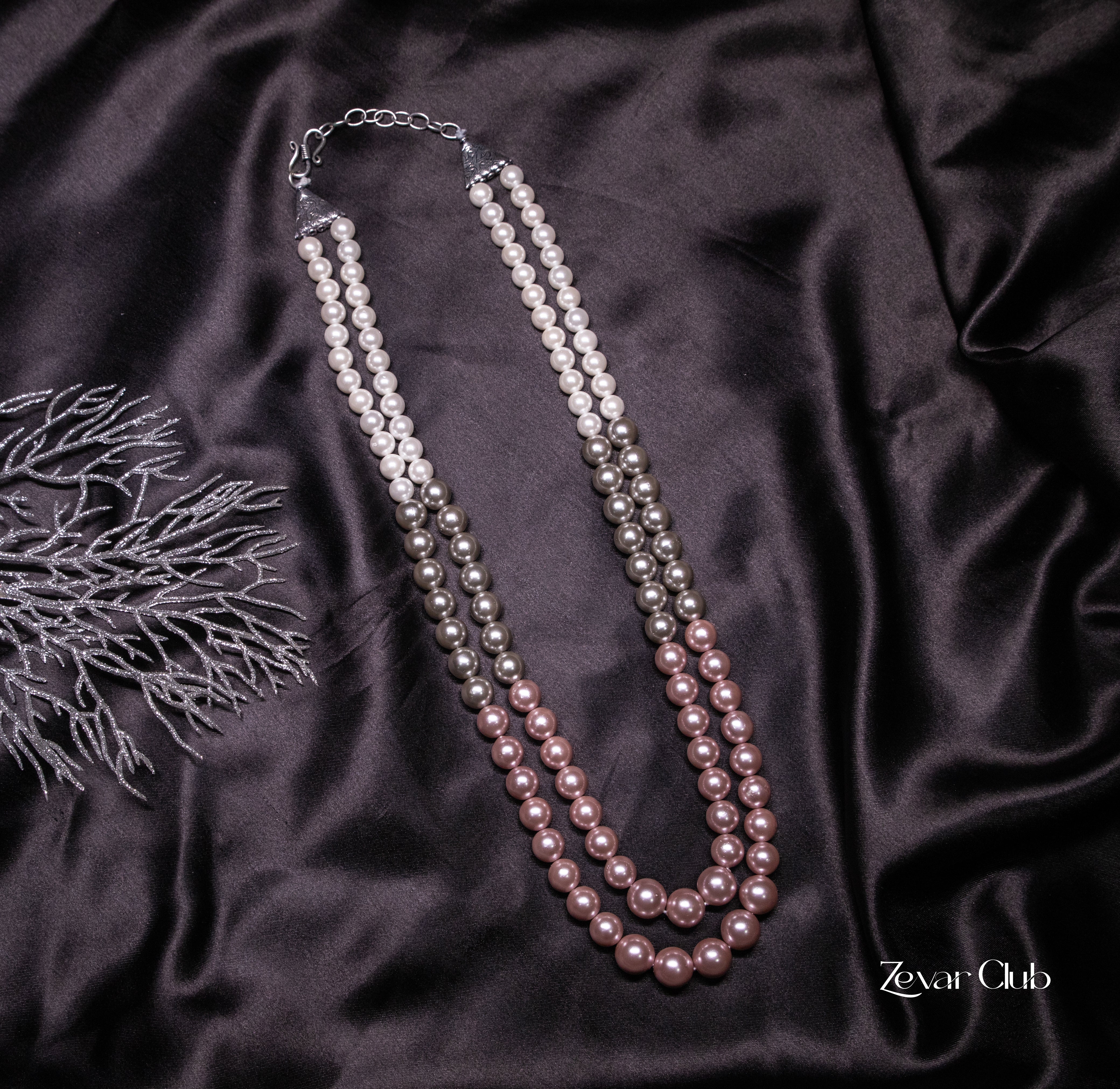Zevar Club Double Layer Pink, Grey, Yellow & Black Glossy Pearl Royal Statement Necklace