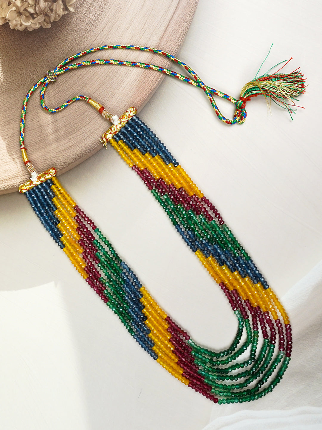 Zevar Club Multi-Colored Beaded Multi-Layer Statement Necklace in Ruby, Emerald & Yellow