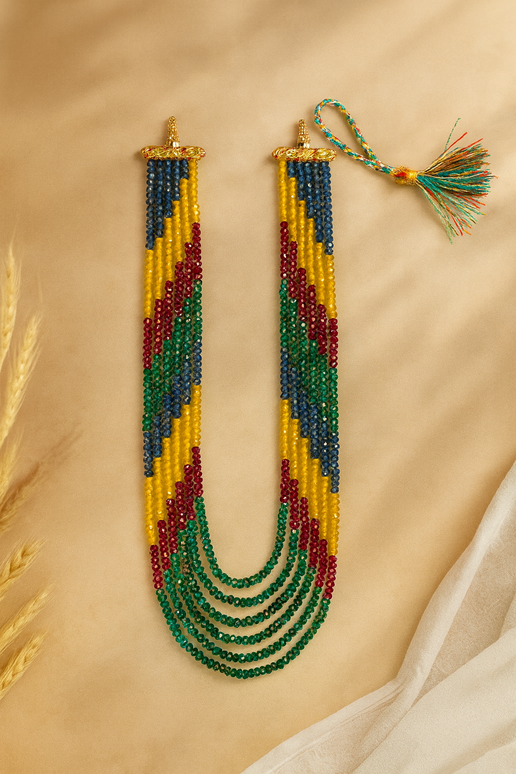 Zevar Club Multi-Colored Beaded Multi-Layer Statement Necklace in Ruby, Emerald & Yellow