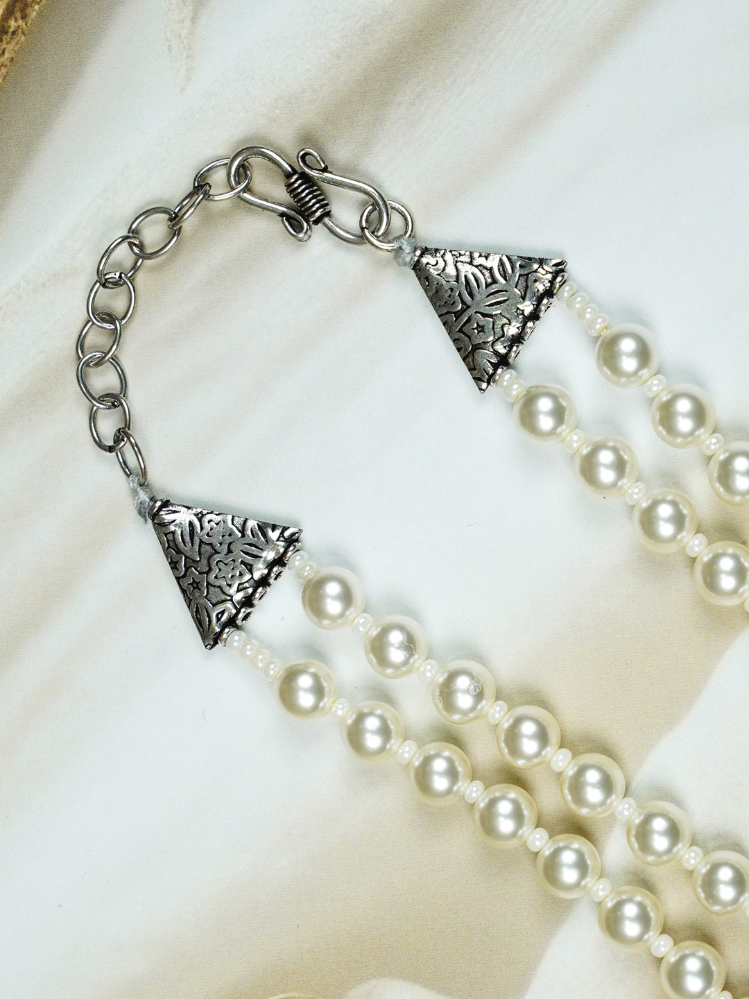 Zevar Club Glossy White, Peach Pink & Light Yellow Glossy Pearl Double Layer Silver Tone Handcrafted Luxury Necklace