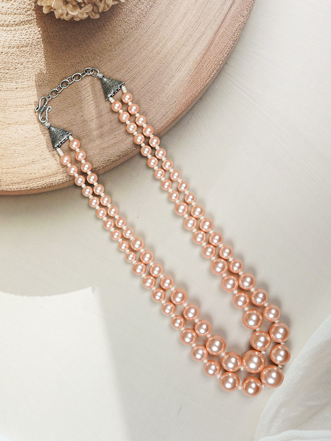 Zevar Club Glossy White, Peach Pink & Light Yellow Glossy Pearl Double Layer Silver Tone Handcrafted Luxury Necklace