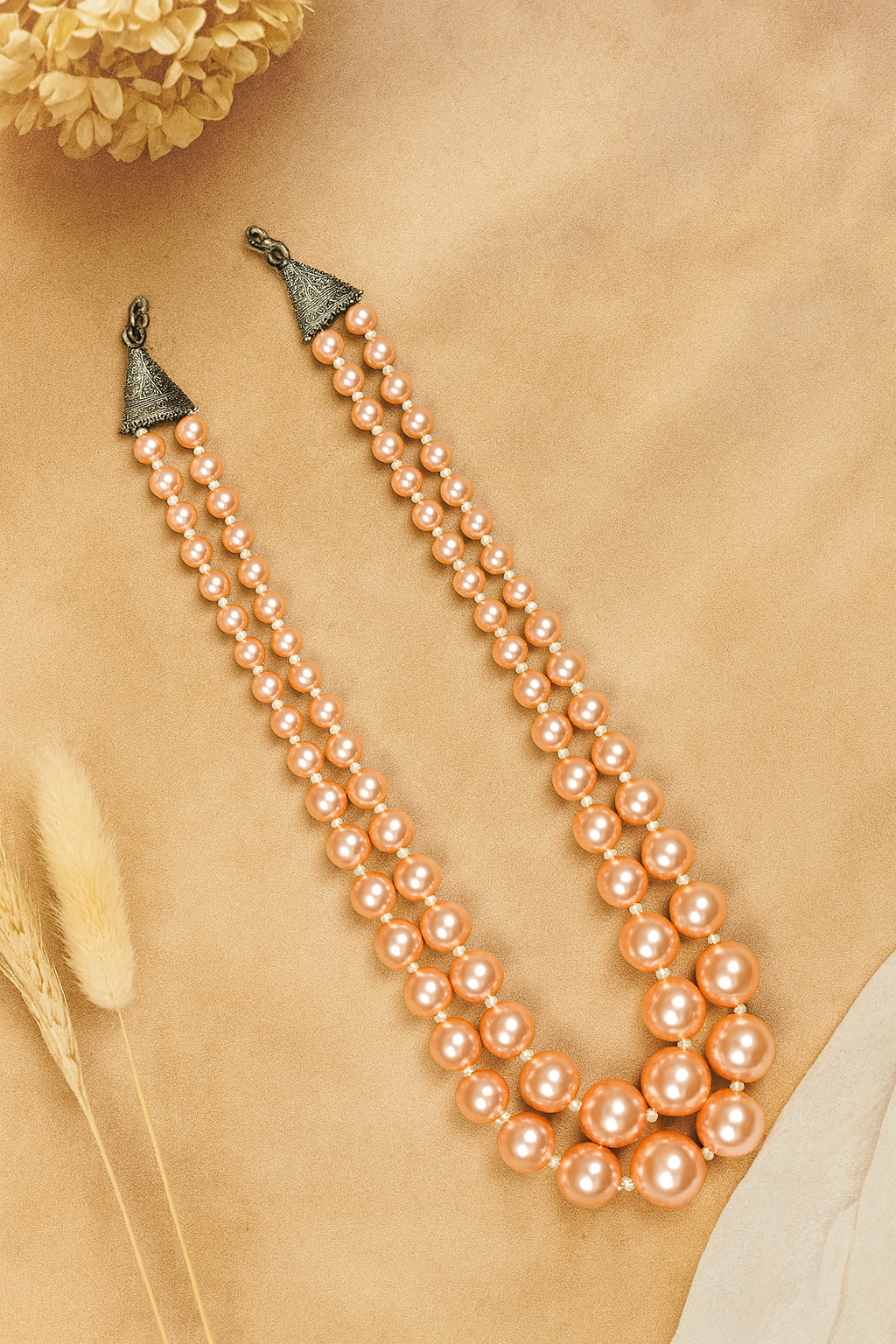 Zevar Club Glossy White, Peach Pink & Light Yellow Glossy Pearl Double Layer Silver Tone Handcrafted Luxury Necklace