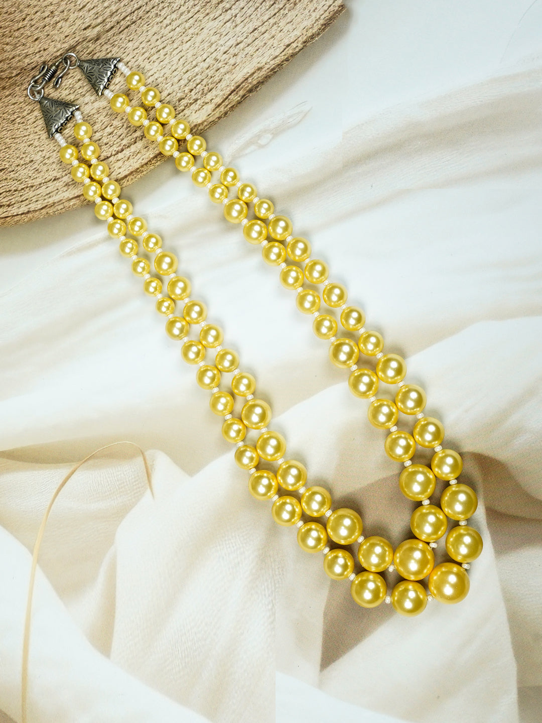 Zevar Club Glossy White, Peach Pink & Light Yellow Glossy Pearl Double Layer Silver Tone Handcrafted Luxury Necklace