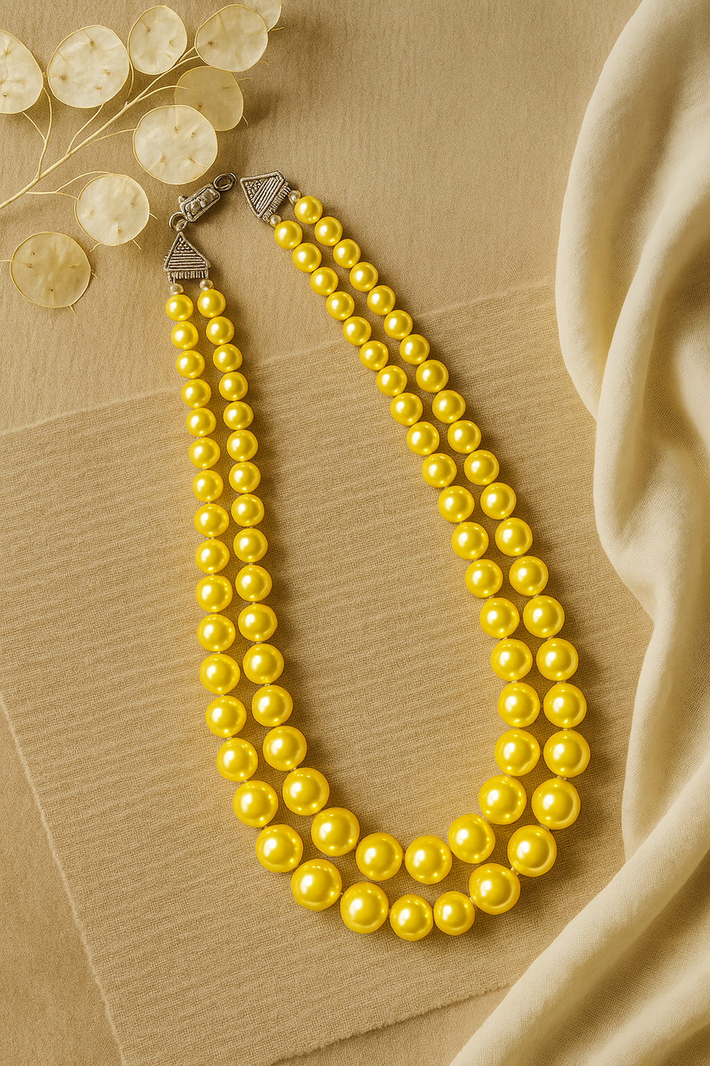 Zevar Club Glossy White, Peach Pink & Light Yellow Glossy Pearl Double Layer Silver Tone Handcrafted Luxury Necklace