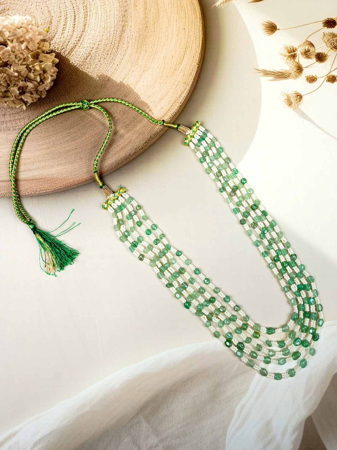 Zevar Club Light Green & White Multi-Strand Glossy Beads Handcrafted Luxury Necklace