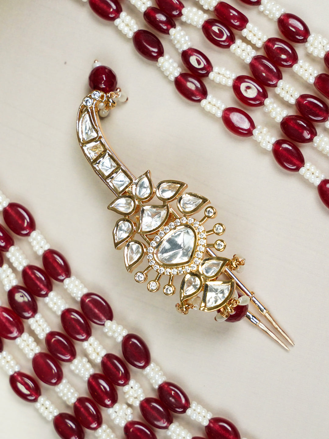 Zevar Club Maroon & White Multi-Strand Glossy Beads Gold Tone Handcrafted Necklace