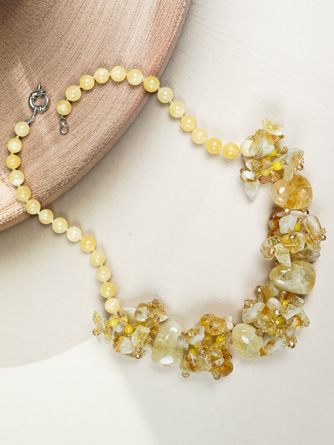 Zevar Club Yellow, Aqua Blue Semi Precious Gemstone Cluster Beaded Handcrafted Designer Statement Necklace